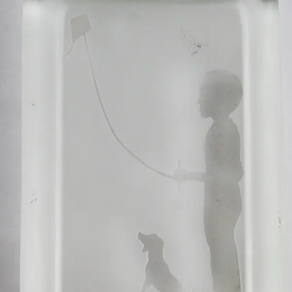 Glen Jones Etched Glass Paperweight Boy & Dog Flying Kite Collectible