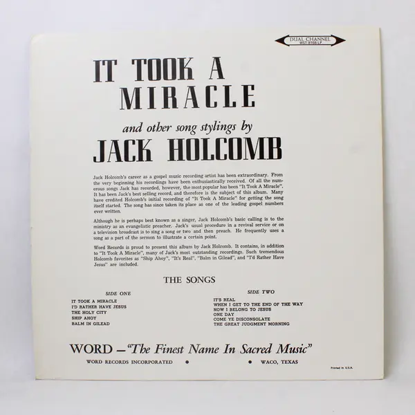 Jack Holcomb It Took A Miracle 12" Vinyl Record