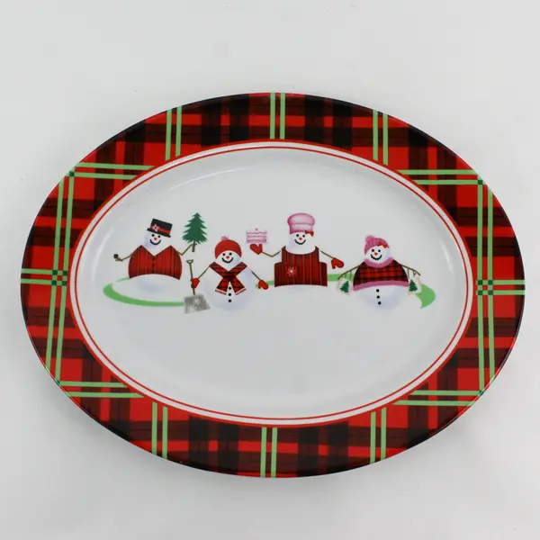 Vintage Dylan Designs Snowman Christmas Platter Plaid Border 14.5"