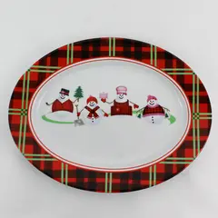 Vintage Dylan Designs Snowman Christmas Platter Plaid Border 14.5"