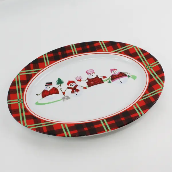 Vintage Dylan Designs Snowman Christmas Platter Plaid Border 14.5"
