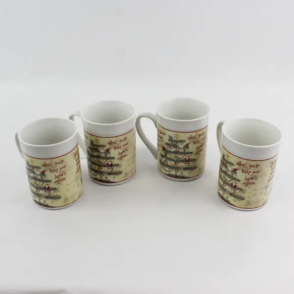 Set of 4 Debi Hron Holiday Home Christmas Tree Mugs 2006 Folk Art