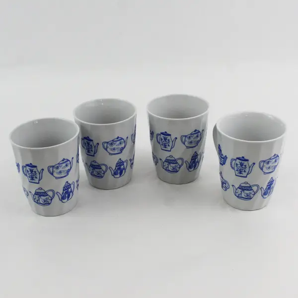 Set of 4 Rare Vintage Blue & White Teapot Mugs Ceramic Collectible