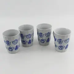 Set of 4 Rare Vintage Blue & White Teapot Mugs Ceramic Collectible