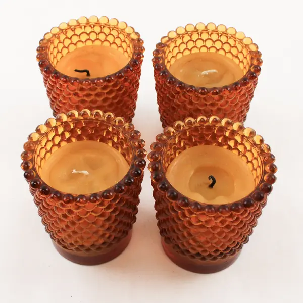 Set of 4 Vintage Amber Hobnail Glass Votive Candle Holders & Candles