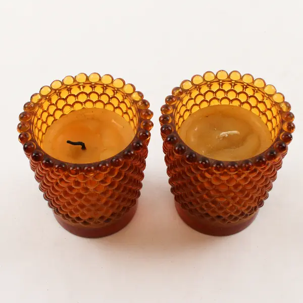 Set of 4 Vintage Amber Hobnail Glass Votive Candle Holders & Candles