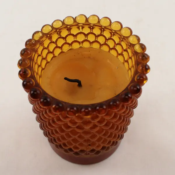 Set of 4 Vintage Amber Hobnail Glass Votive Candle Holders & Candles