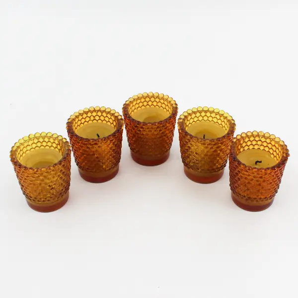 Set of 5 Vintage Amber Hobnail Glass Votive Candle Holders w/ Candles
