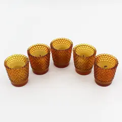 Set of 5 Vintage Amber Hobnail Glass Votive Candle Holders w/ Candles