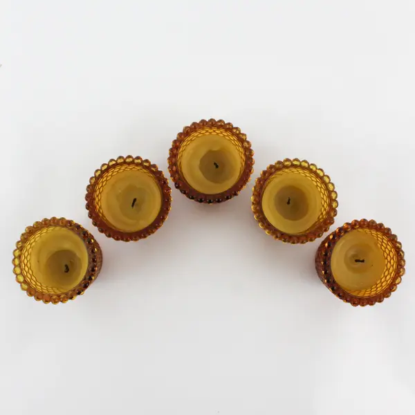 Set of 5 Vintage Amber Hobnail Glass Votive Candle Holders w/ Candles