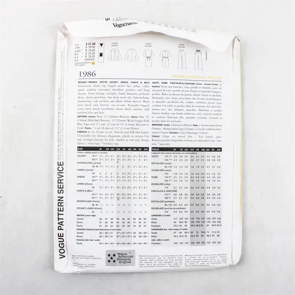 Vogue 1986 Mizrahi Jacket, Dress & Pants Uncut Sewing Pattern Size 8 10 12