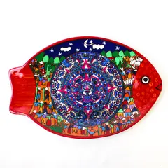 Vintage Mexican Terra Cotta Folk Art Wall-Hanging Fish Platter 14.5"