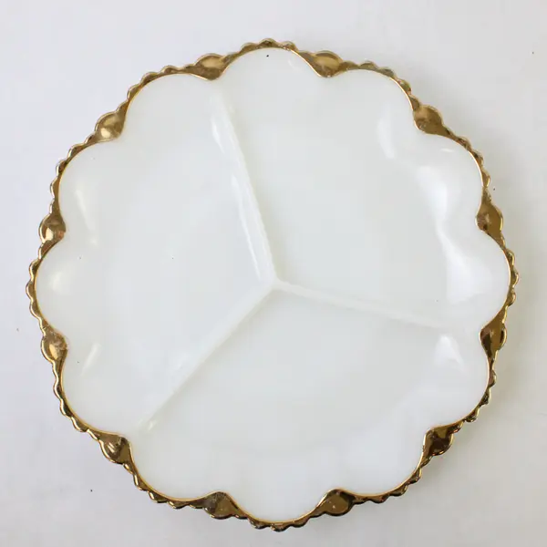Vintage Anchor Hocking Fire King Gold Trim Milk Glass Divided Relish Tray