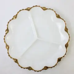 Vintage Anchor Hocking Fire King Gold Trim Milk Glass Divided Relish Tray