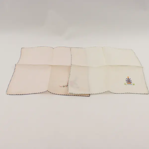 Lot of 2 Vintage Hand Cross-Stitched Linen Napkins Pagoda & Pink Flower