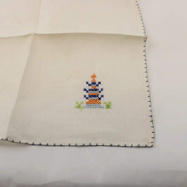 Lot of 2 Vintage Hand Cross-Stitched Linen Napkins Pagoda & Pink Flower