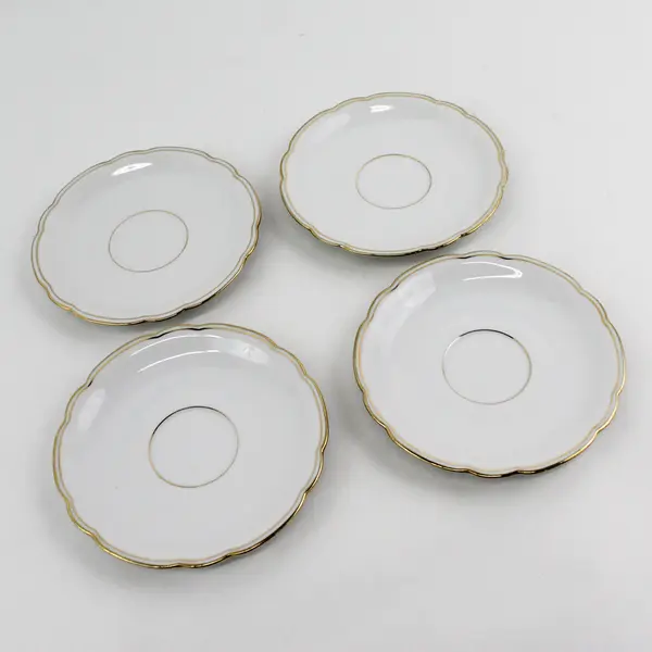  4 Seltzmann Weiden Inka Porcelain  Saucers White Gold Bands Scalloped Edge