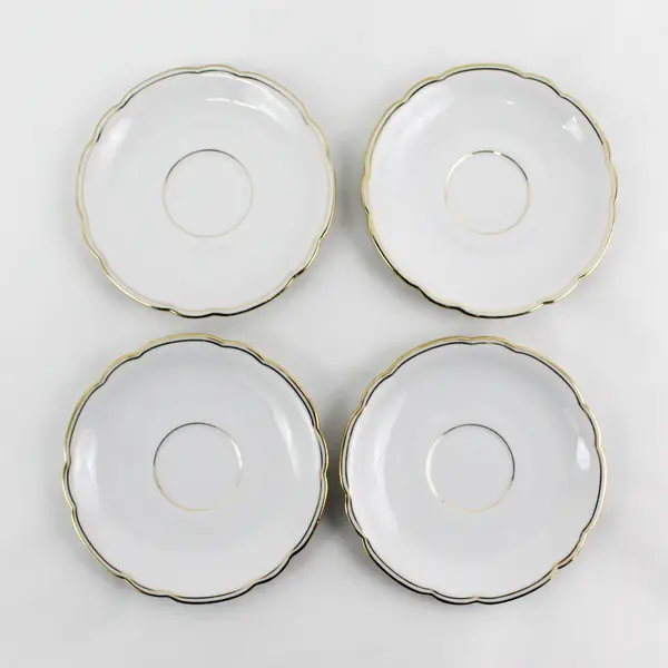  4 Seltzmann Weiden Inka Porcelain  Saucers White Gold Bands Scalloped Edge