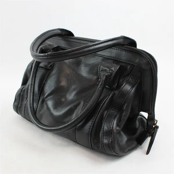 North Style Small Black Leather Top Handle Satchel Purse
