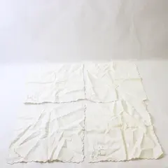 Set of 4 Vintage White Linen Napkins Embroidered & Scalloped Edges