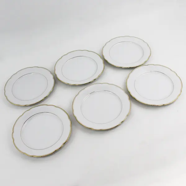 6 Seltzmann Weiden Inka Porcelain Salad Plates White Gold Bands Scalloped Edge