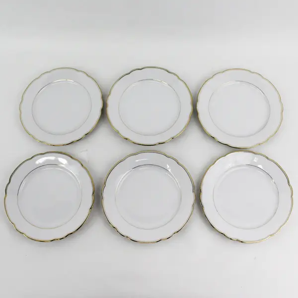 6 Seltzmann Weiden Inka Porcelain Salad Plates White Gold Bands Scalloped Edge