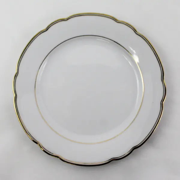 6 Seltzmann Weiden Inka Porcelain Salad Plates White Gold Bands Scalloped Edge