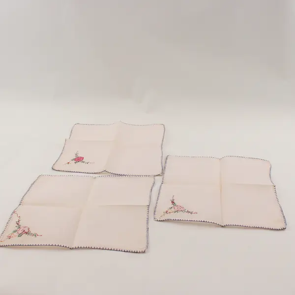Set of 3 Vintage Linen Handkerchiefs Pink Flower Blue Edge Stitching