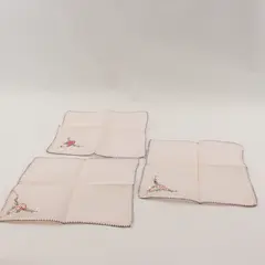 Set of 3 Vintage Linen Handkerchiefs Pink Flower Blue Edge Stitching