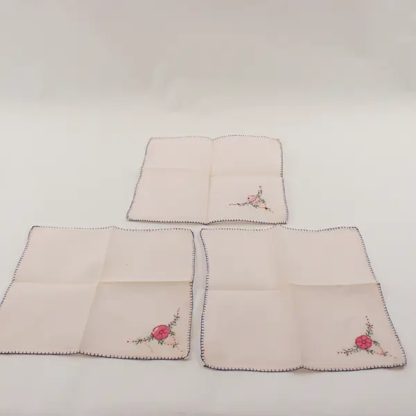Set of 3 Vintage Linen Handkerchiefs Pink Flower Blue Edge Stitching