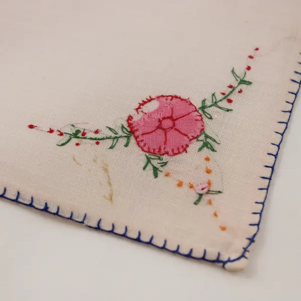 Set of 3 Vintage Linen Handkerchiefs Pink Flower Blue Edge Stitching