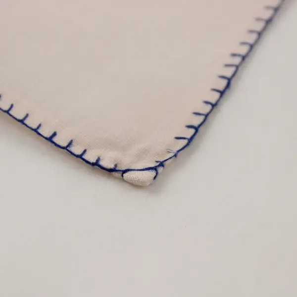 Set of 3 Vintage Linen Handkerchiefs Pink Flower Blue Edge Stitching