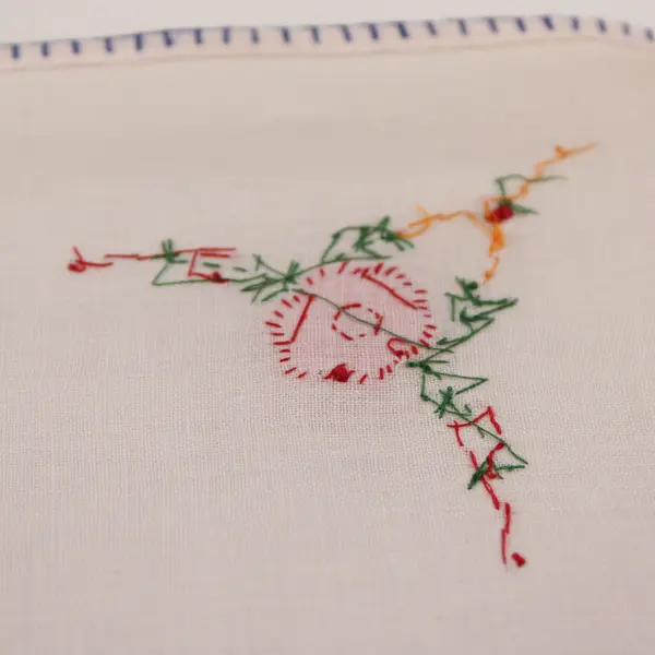 Set of 3 Vintage Linen Handkerchiefs Pink Flower Blue Edge Stitching