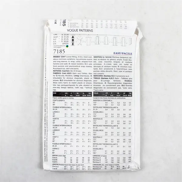 Vintage Vogue 7185 Jacket Cut Sewing Pattern Size Small
