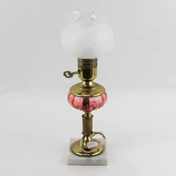 Cranberry Glass And Marble Table Lamp W/ Round Etched Ruffled Rim Frosted Shade