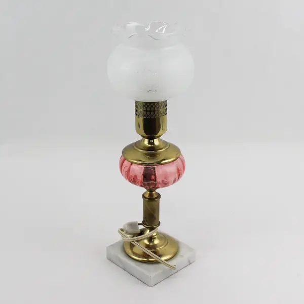 Cranberry Glass And Marble Table Lamp W/ Round Etched Ruffled Rim Frosted Shade