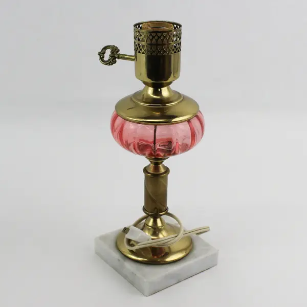 Cranberry Glass And Marble Table Lamp W/ Round Etched Ruffled Rim Frosted Shade