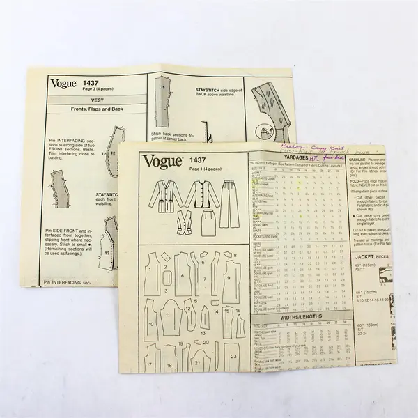 Vintage Vogue 1437 Jacket Vest Pants Skirt Cut Sewing Pattern Size 8 10 12