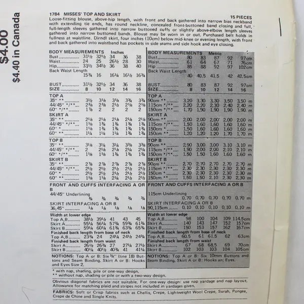 Vintage Vogue 1784 Shirts Skirt Cut Sewing Pattern Size 12