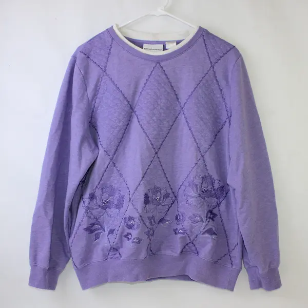 Alfred Dunner Floral Embroidered Purple Crew Neck Sweatshirt Women's Large