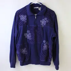 Alfred Dunner Purple Floral Embroidered Indigo 1/4-Zip Sweatshirt Women's Large
