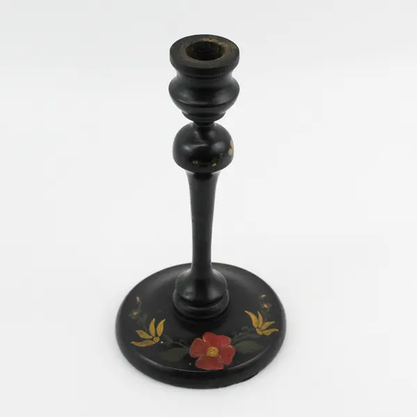 Hand-Painted Black Lacquer Floral Wood Candlestick Holder - Vintage