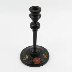 Hand-Painted Black Lacquer Floral Wood Candlestick Holder - Vintage