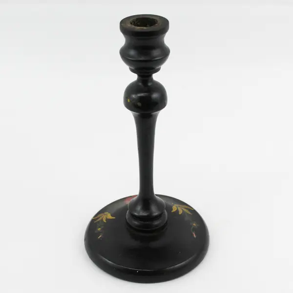 Hand-Painted Black Lacquer Floral Wood Candlestick Holder - Vintage