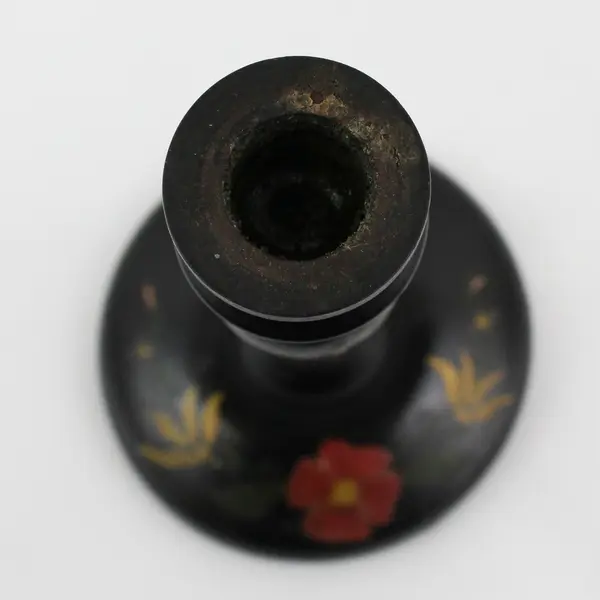 Hand-Painted Black Lacquer Floral Wood Candlestick Holder - Vintage