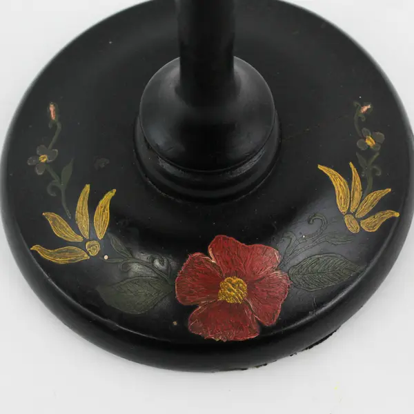 Hand-Painted Black Lacquer Floral Wood Candlestick Holder - Vintage