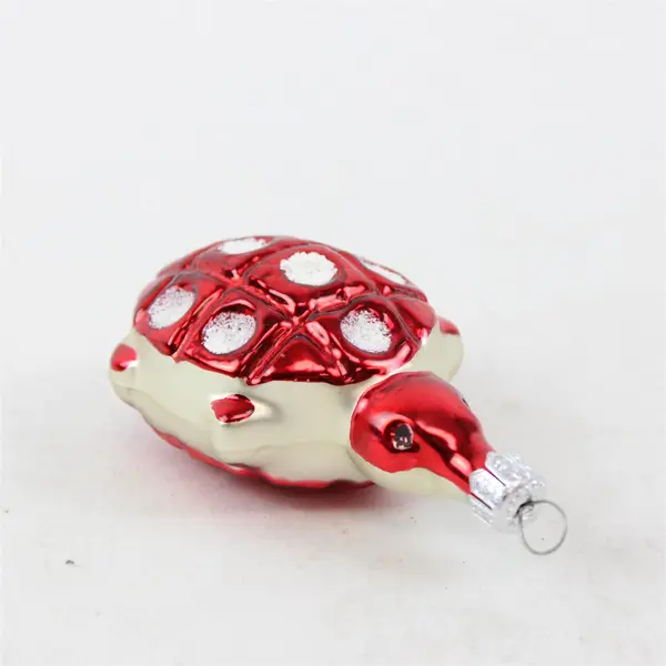 Vintage Polka Dot Red White Flocked Glass Turtle Christmas Ornament VG 4.5" Tall