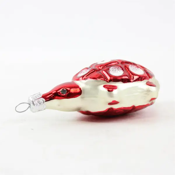 Vintage Polka Dot Red White Flocked Glass Turtle Christmas Ornament VG 4.5" Tall