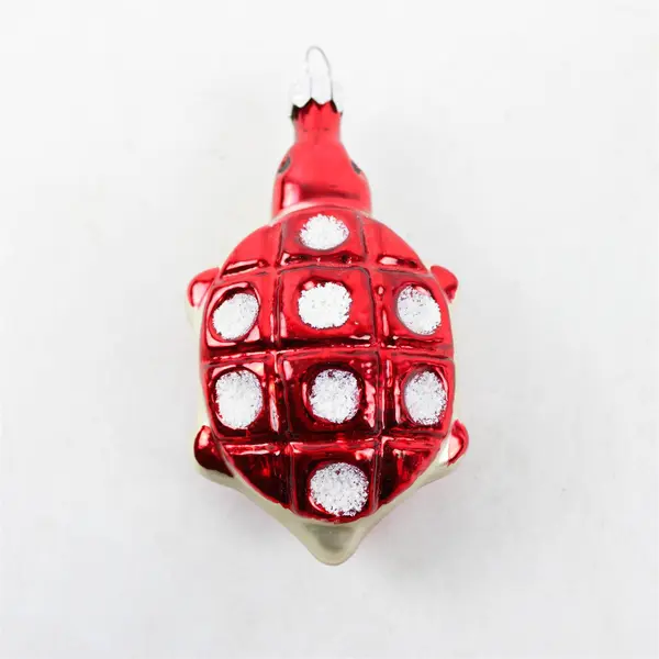Vintage Polka Dot Red White Flocked Glass Turtle Christmas Ornament VG 4.5" Tall