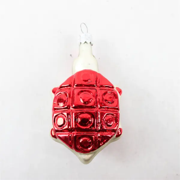 Vintage Polka Dot Red White Flocked Glass Turtle Christmas Ornament VG 4.5" Tall
